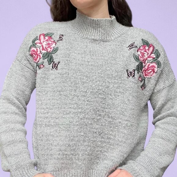 Cloud Chaser Grey Knit Sweater with Floral & Butterfly Embroidery – Size Large - Picture 1 of 6